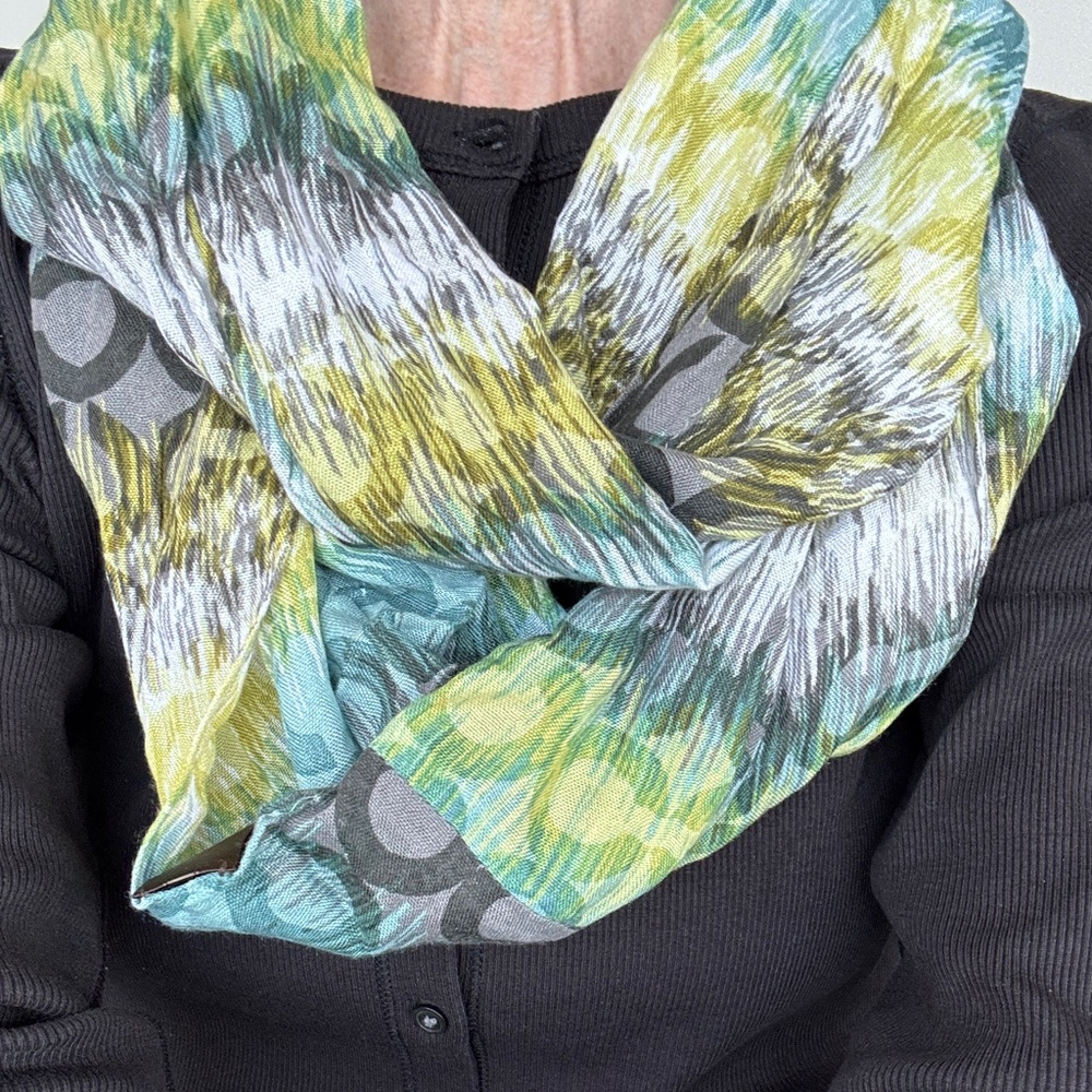 Coach Green Teal Gray Logo Print Lightweight Scarf